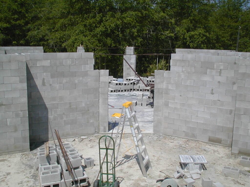 Picture of dry stacked block construction front door before header pour.