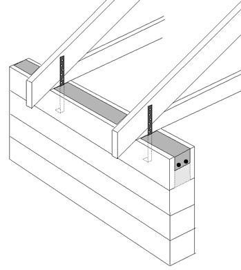 Drawing of dry stacked block construction truss tie-down straps.