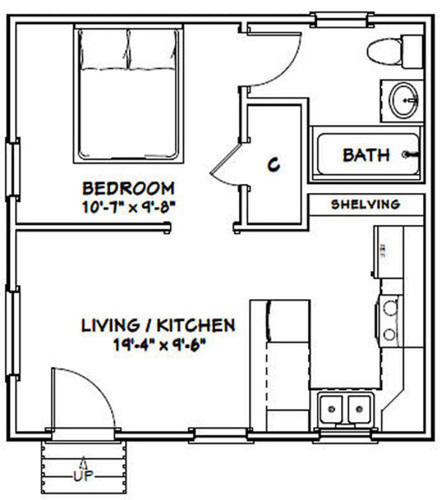 Picture of dry stacked block construction tiny house floor plan.