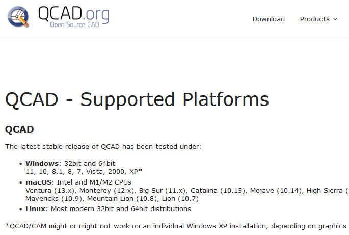 Qcad.org operating systems compatibility listing.