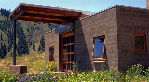 Dry stacked concrete block tiny house picture.