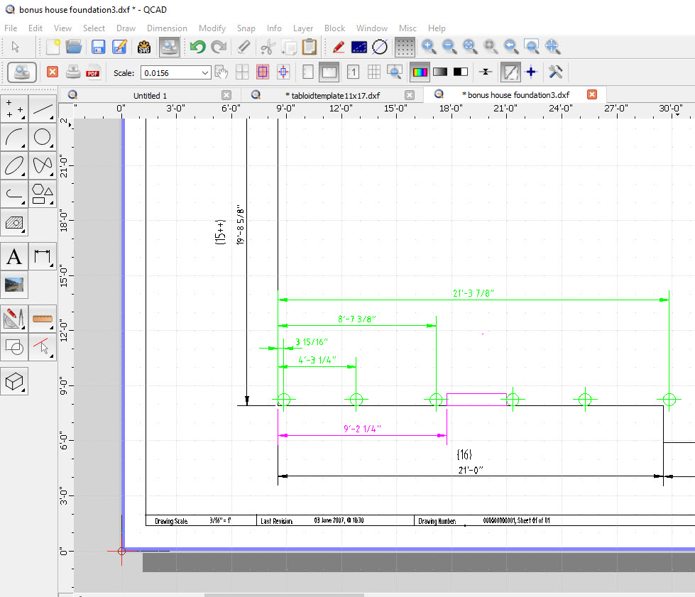 View of Qcad v3 print screen displaying wall dimensions.