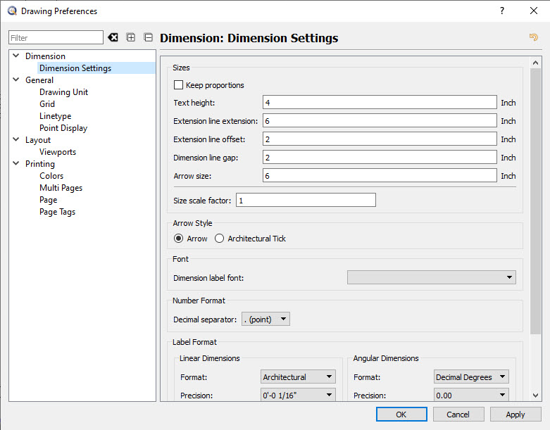 Picture of Qcad dimensions settings required for Qcad printing.